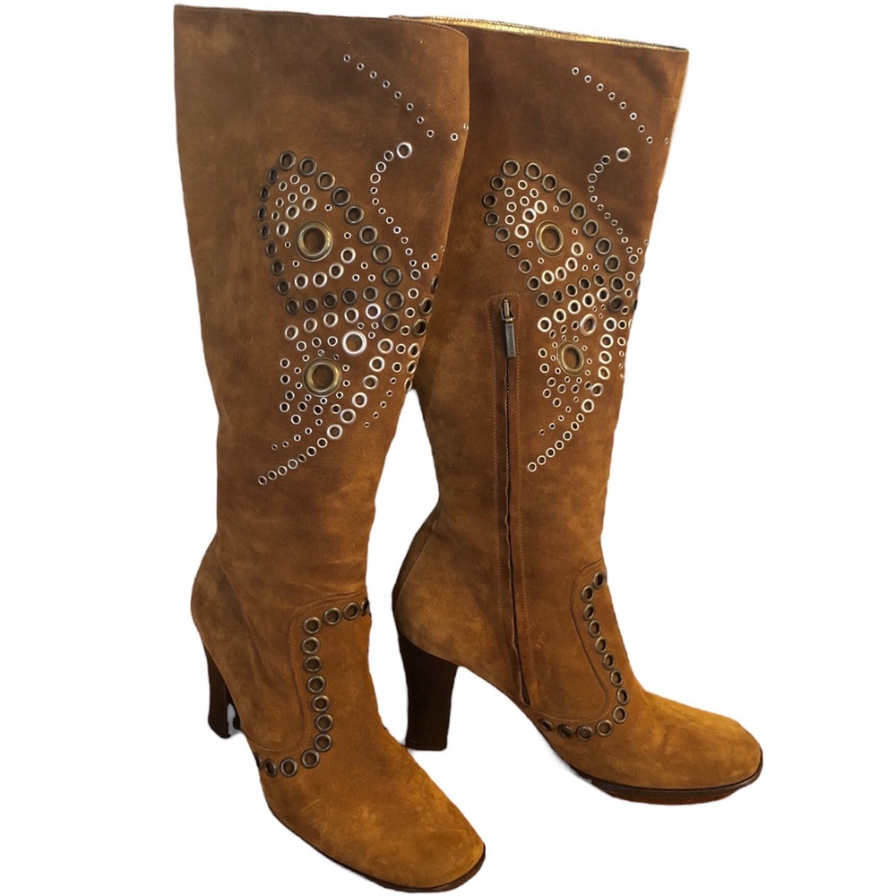 Dolce & Gabbana Cowboy Western Chunky Heeled Brown Boots Leather Studs Size 39